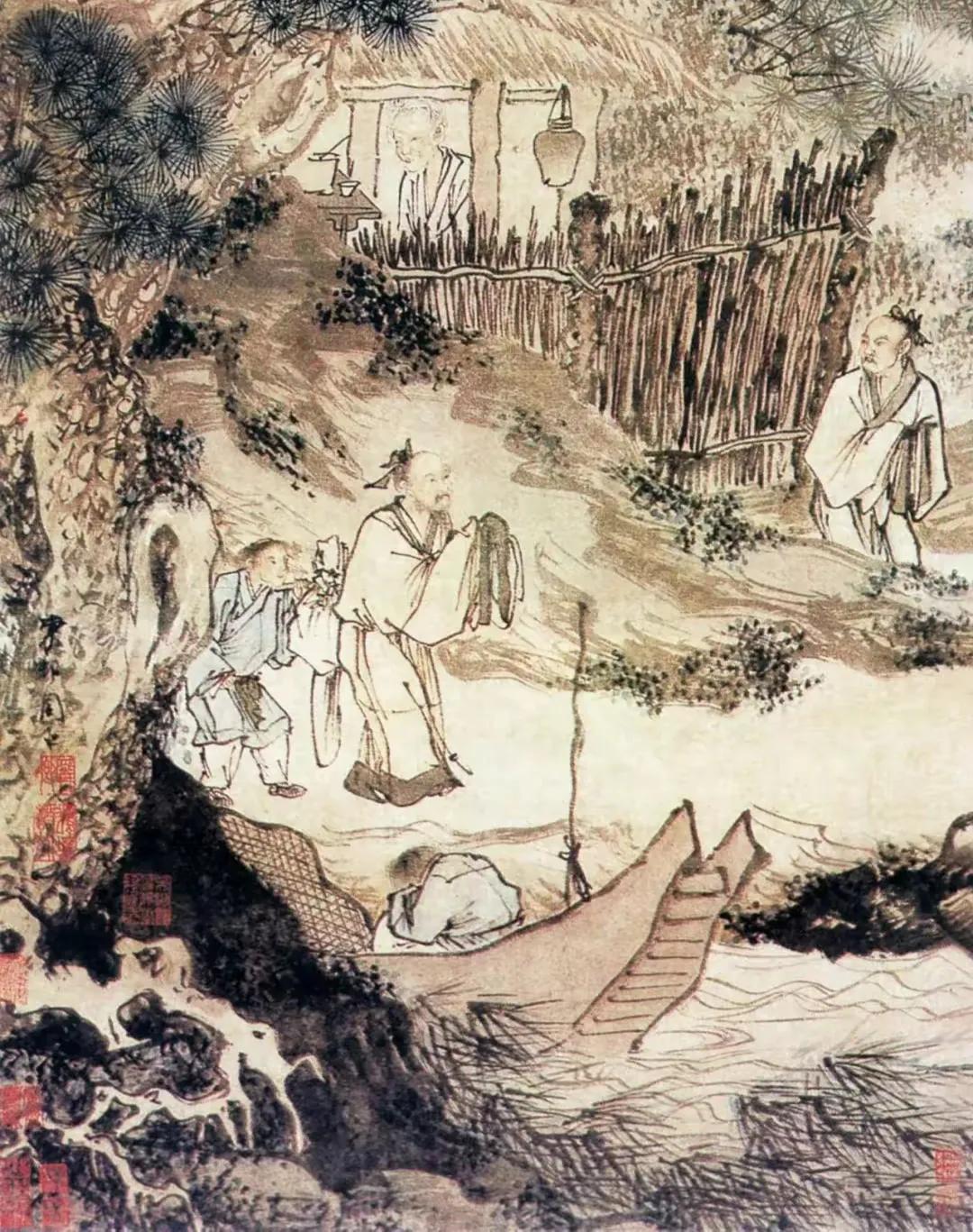 中国古代名画：周臣山水画作品欣赏《柴门送客图》