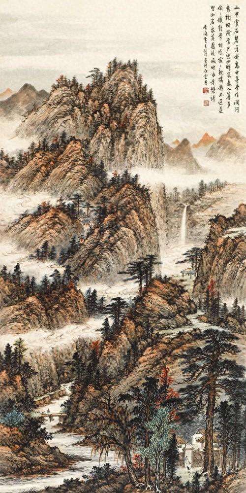 近代画家黄君璧山水画作品《灵岩落泉》高清图片欣赏