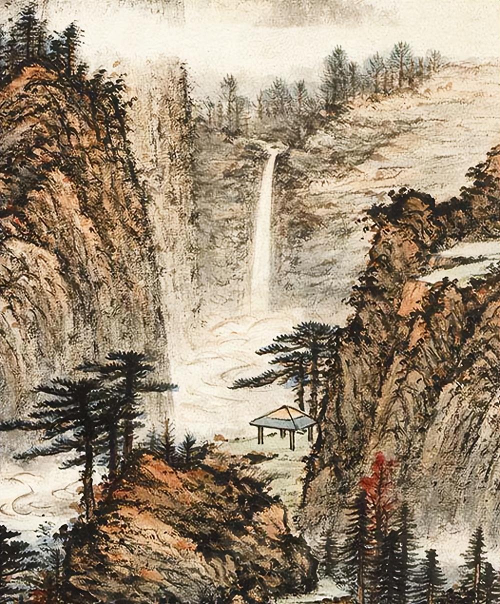 近代画家黄君璧山水画作品《灵岩落泉》高清图片欣赏