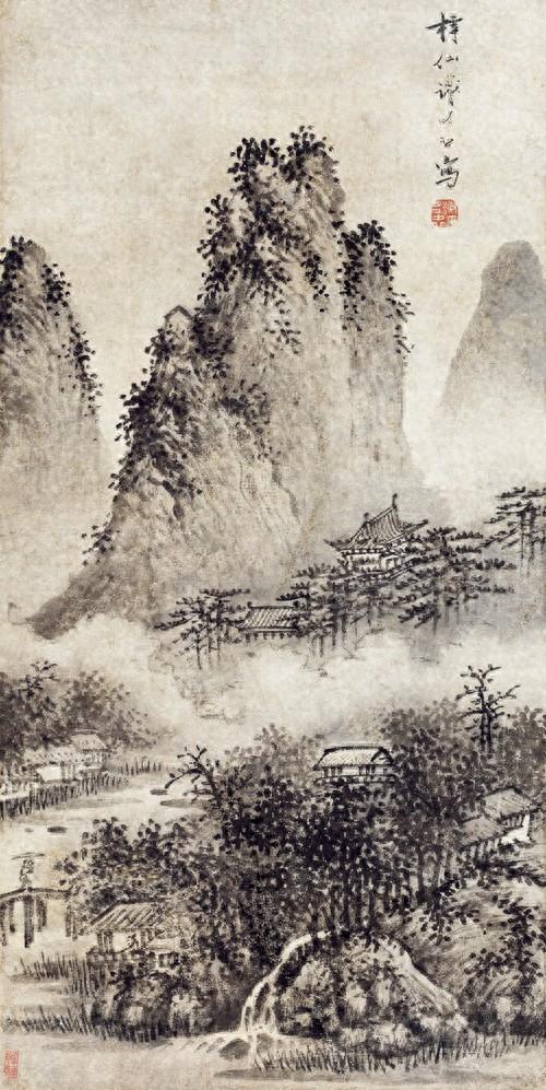 明代中期画家谢时臣山水画作品《溪山雨意》高清图片