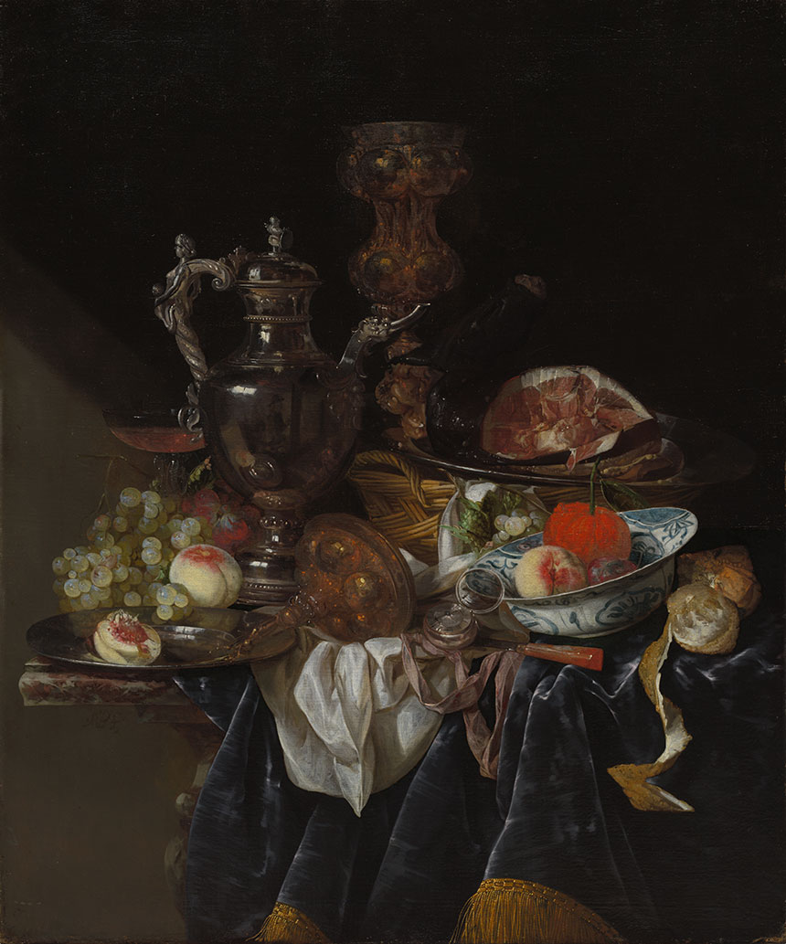 油画 | 亚伯拉罕·凡·贝耶林《银酒壶、火腿和水果》